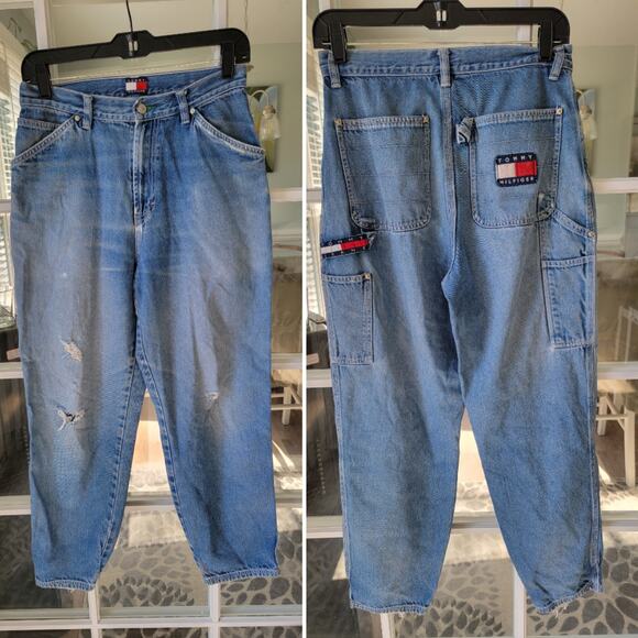 TOMMY HILFIGER Vintage 90’s carpenter High Waisted Big Logo Classic Jeans 28 - Picture 1 of 7